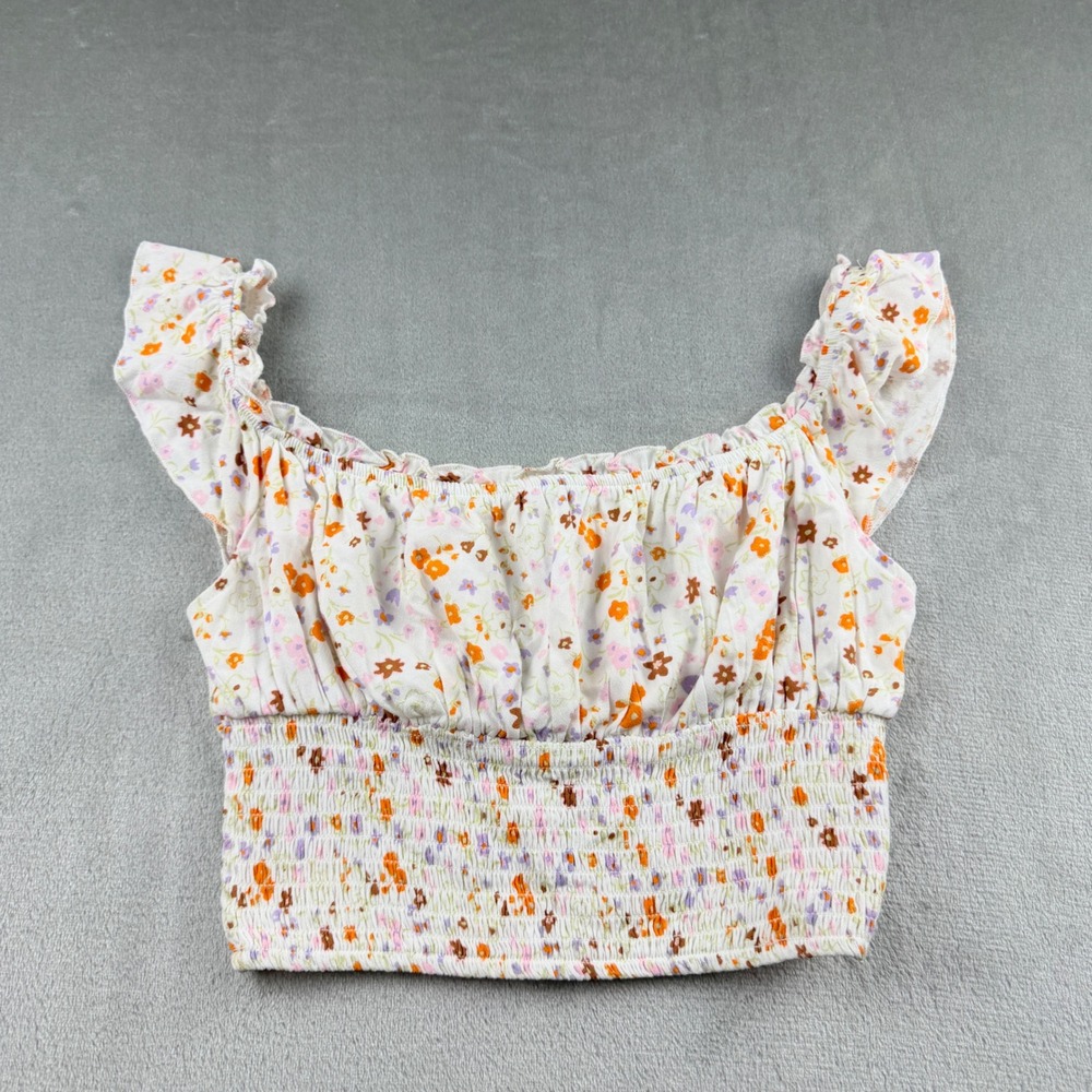 LA Hearts Women's XS Floral Smocked Crop Top White Orange Ruffle Sleeve 101295